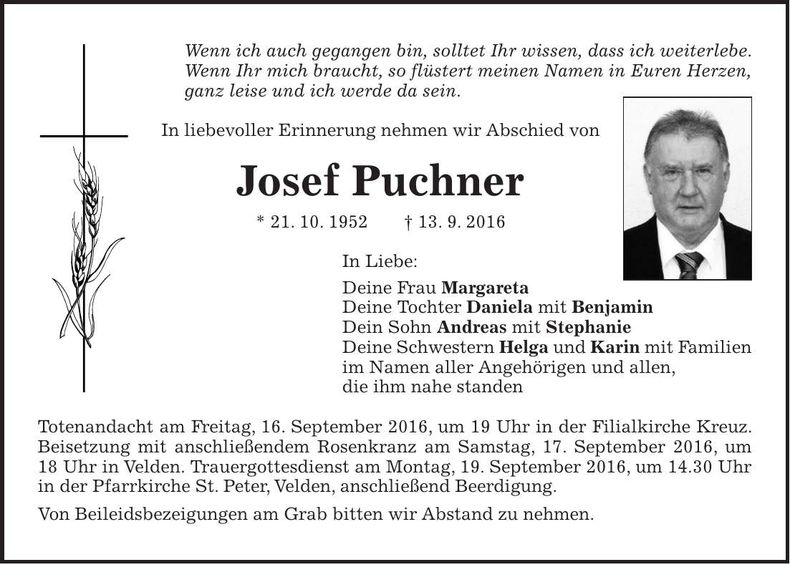 Traueranzeige Josef Puchner