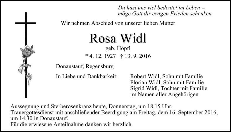 Traueranzeige Rosa Widl