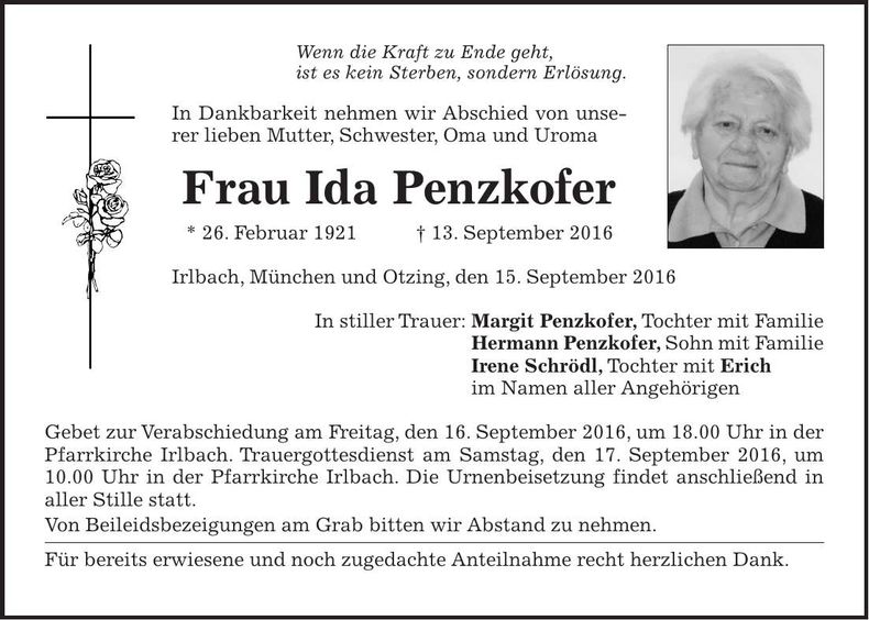 Traueranzeige Ida Penzkofer