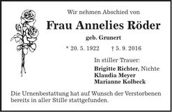 Traueranzeige Annelies Röder