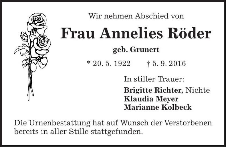 Traueranzeige Annelies Röder
