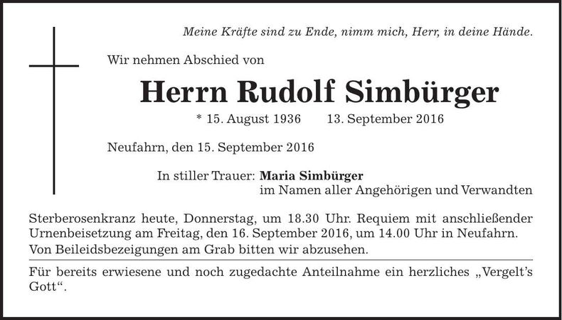 Traueranzeige Rudolf Simbürger