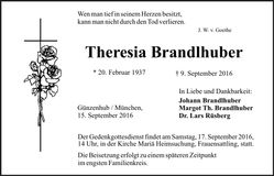 Traueranzeige Theresia Brandlhuber