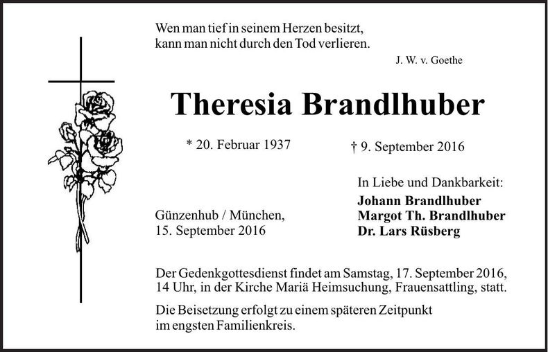 Traueranzeige Theresia Brandlhuber