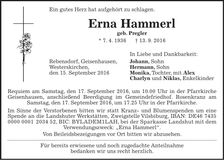 Traueranzeige Erna Hammerl