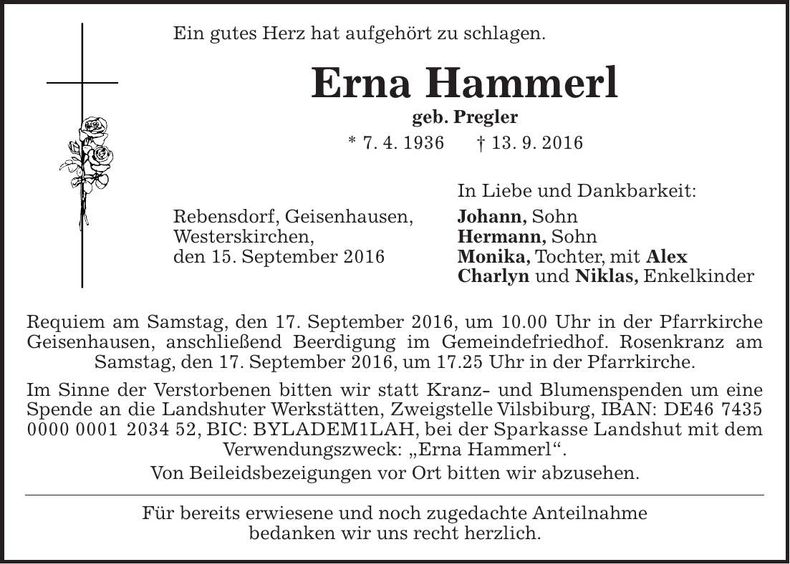 Traueranzeige Erna Hammerl