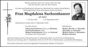 Traueranzeige Magdalena Sachsenhauser