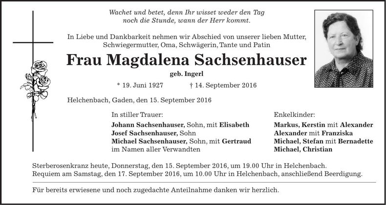 Traueranzeige Magdalena Sachsenhauser