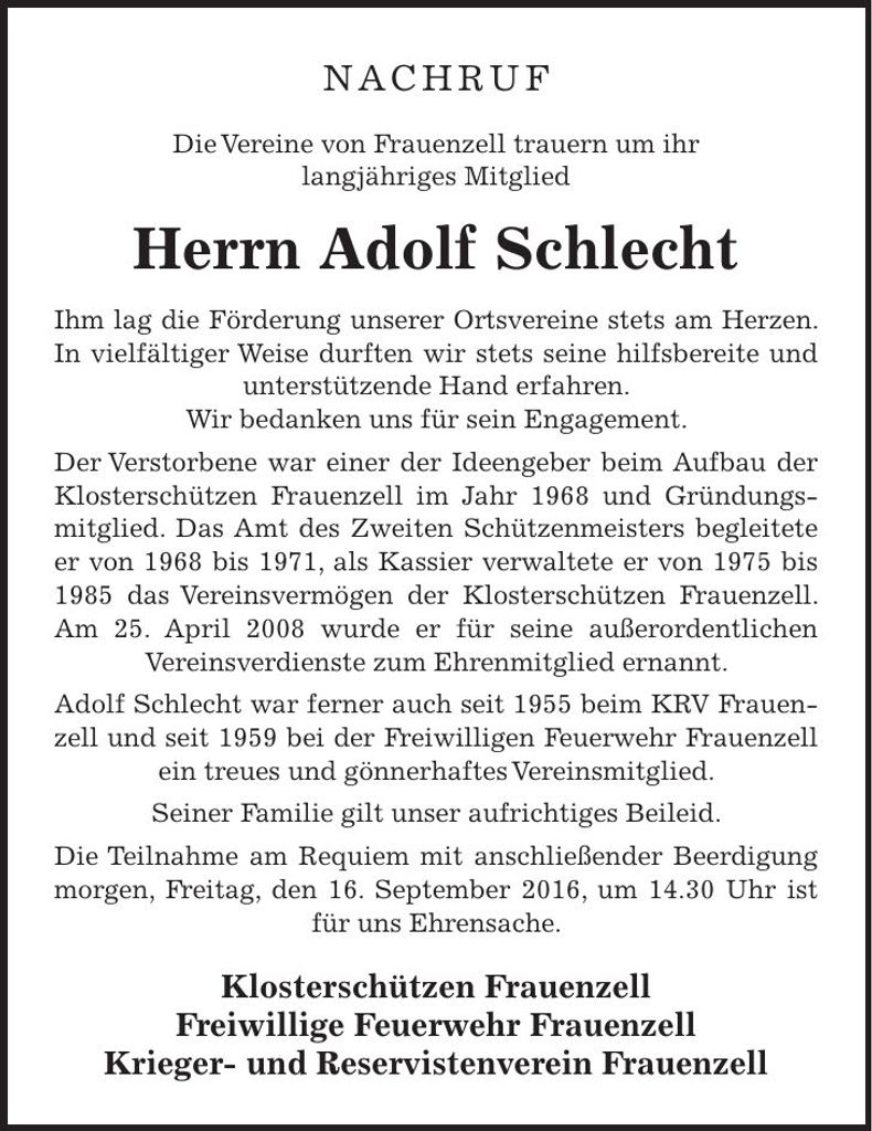 Traueranzeige Adolf Schlecht