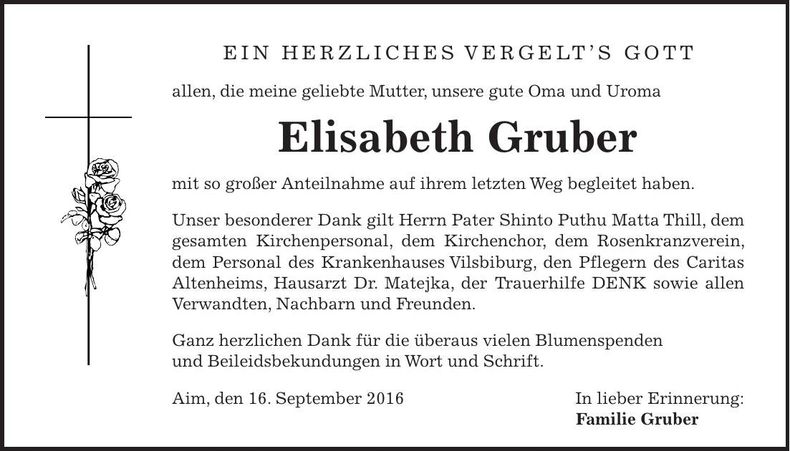 Traueranzeige Elisabeth Gruber