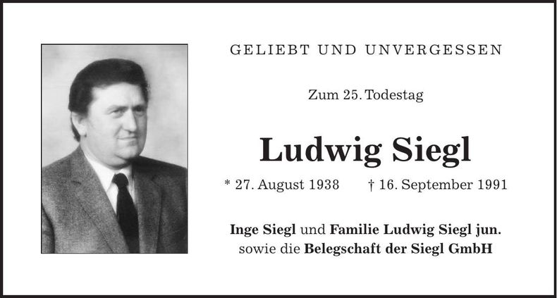 Traueranzeige Ludwig Siegl