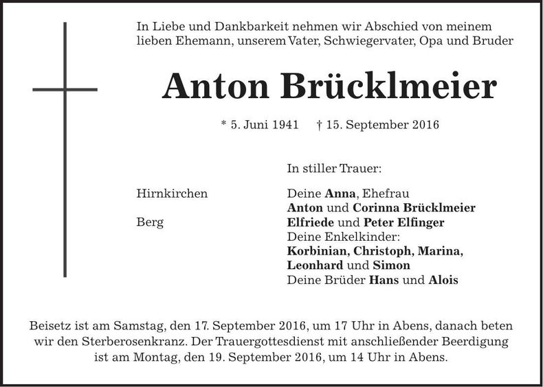 Traueranzeige Anton Brücklmeier