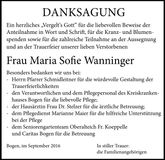 Traueranzeige Maria Sofie Wanninger