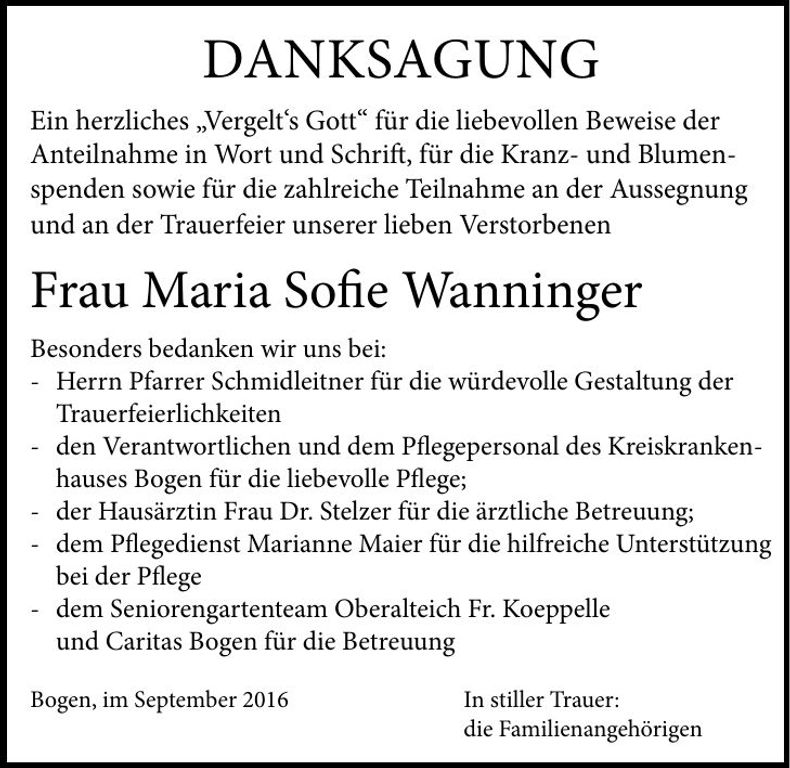 Traueranzeige Maria Sofie Wanninger