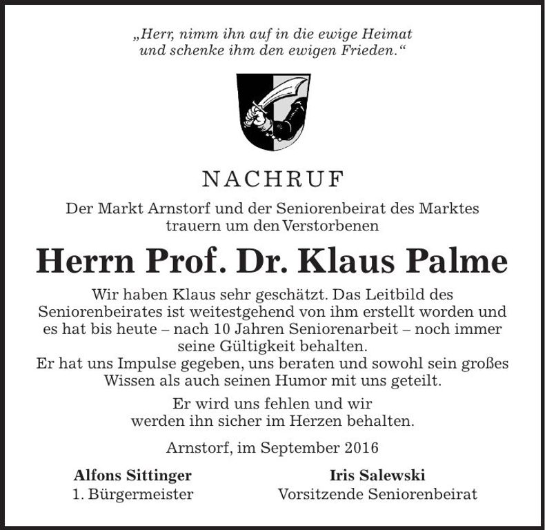 Traueranzeige Klaus Prof. Dr. Palme