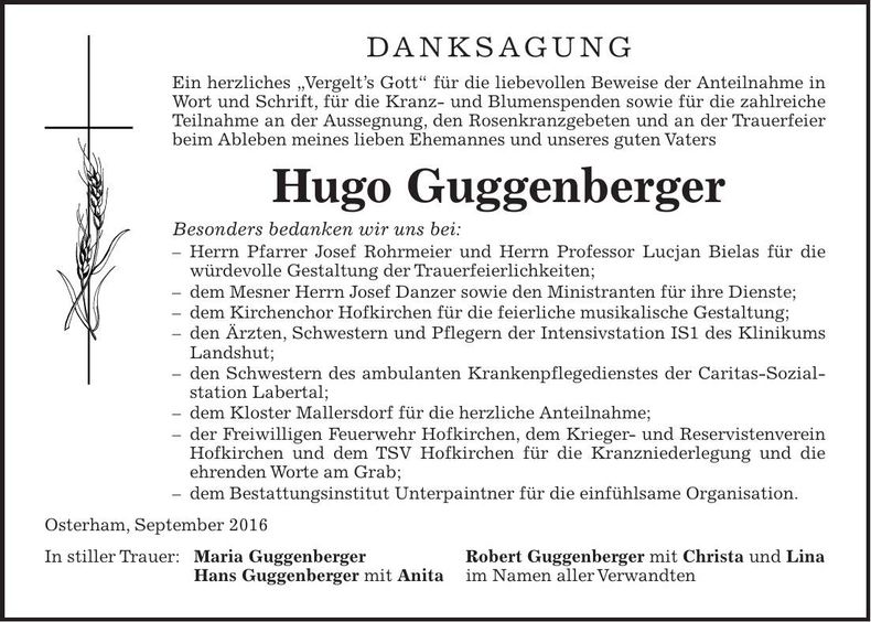 Traueranzeige Hugo Guggenberger
