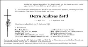 Traueranzeige Andreas Zettl