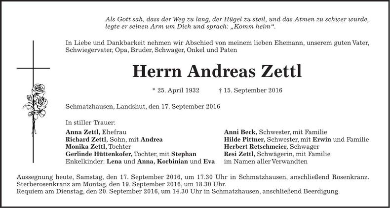 Traueranzeige Andreas Zettl