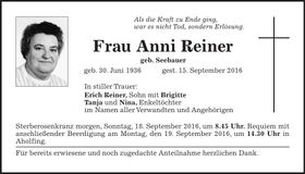 Traueranzeige Anni Reiner