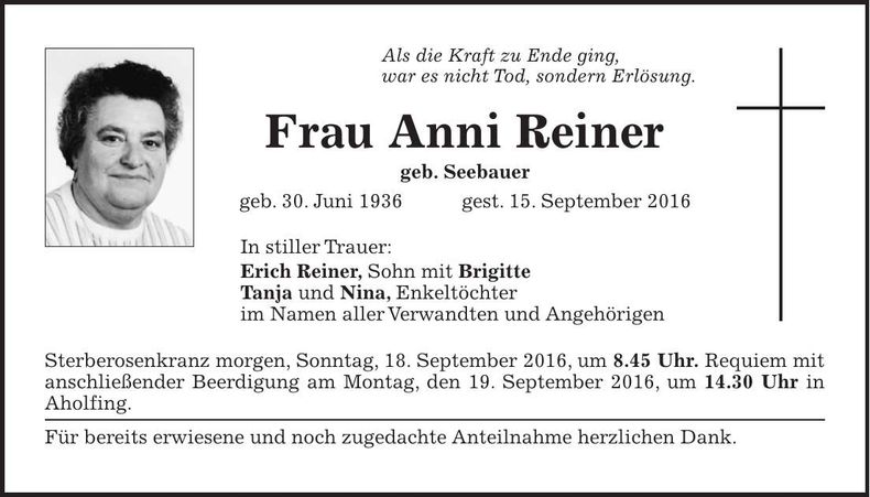 Traueranzeige Anni Reiner