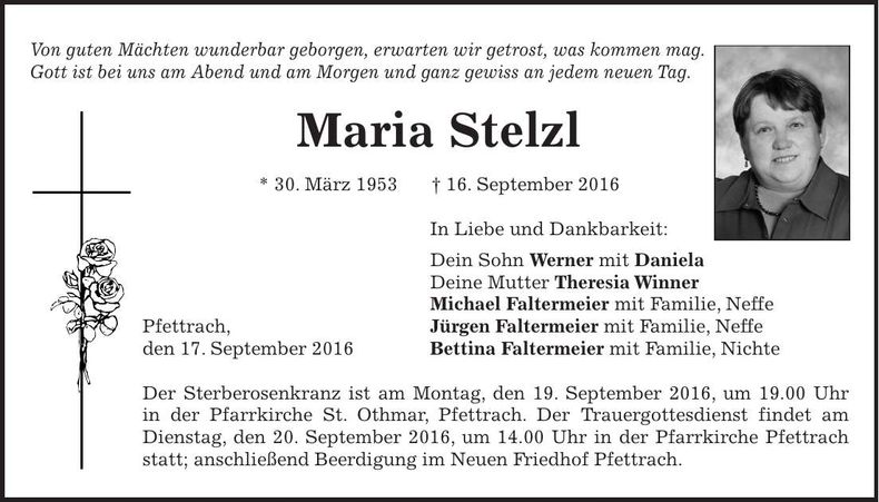 Traueranzeige Maria Stelzl