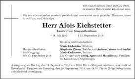 Traueranzeige Alois Eichstetter