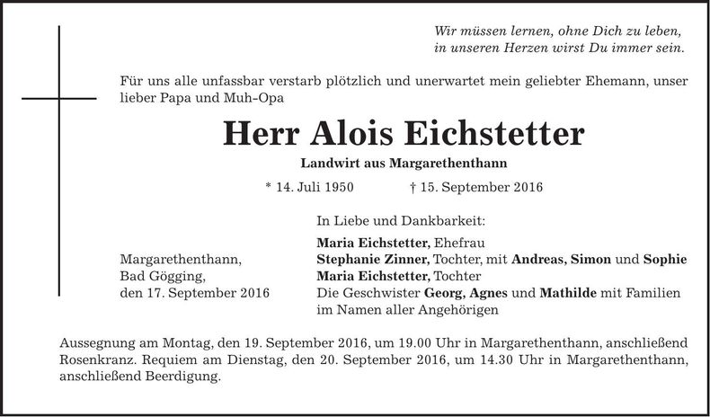 Traueranzeige Alois Eichstetter