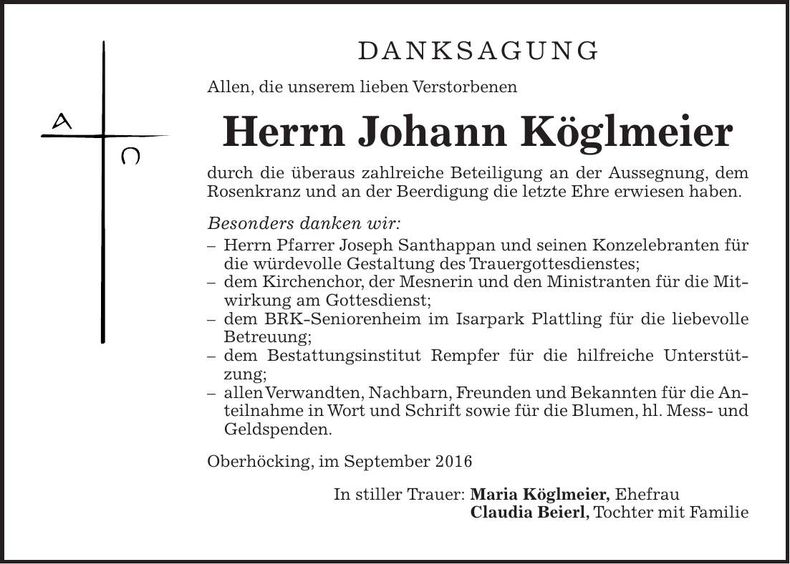 Traueranzeige Johann Köglmeier