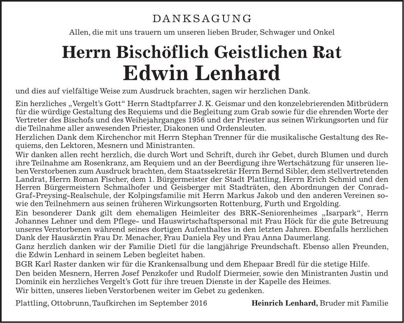 Traueranzeige Edwin Lenhard