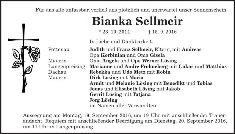 Traueranzeige Bianka Sellmeir