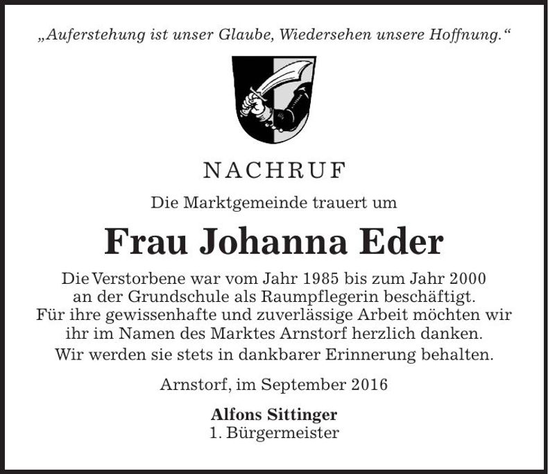 Traueranzeige Johanna Eder