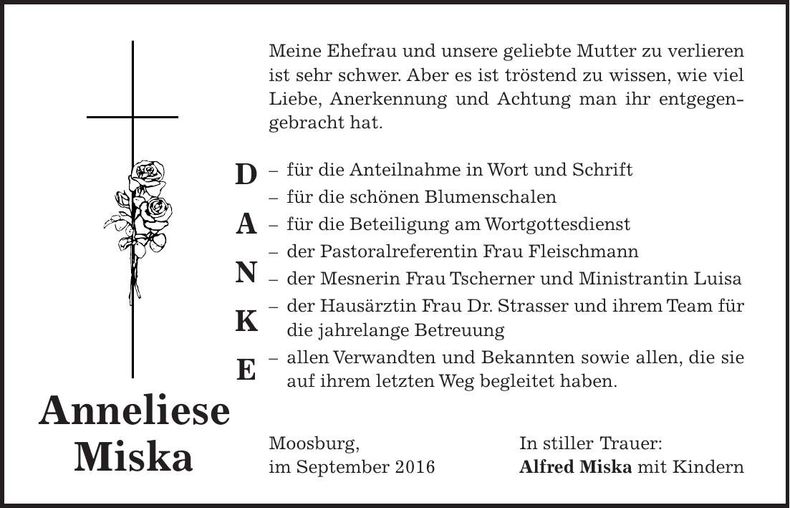 Traueranzeige Anneliese Miska