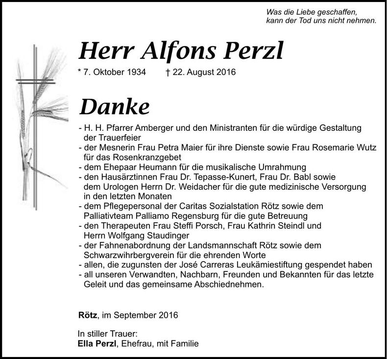 Traueranzeige Alfons Perzl