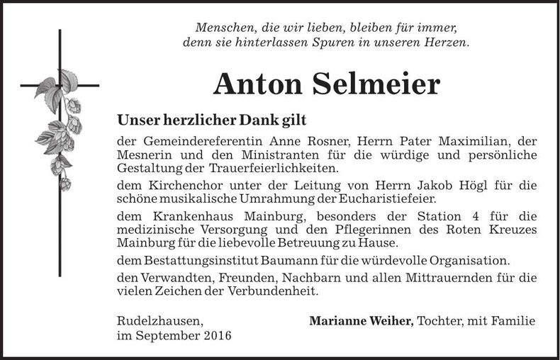 Traueranzeige Anton Selmeier