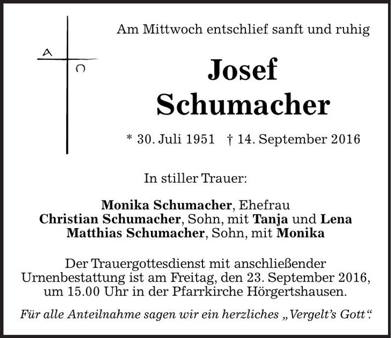 Traueranzeige Josef Schumacher