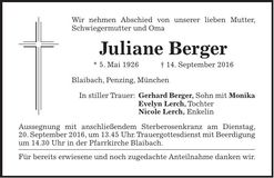 Traueranzeige Juliane Berger