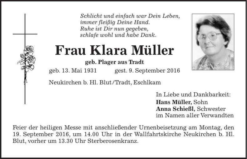Traueranzeige Klara Müller