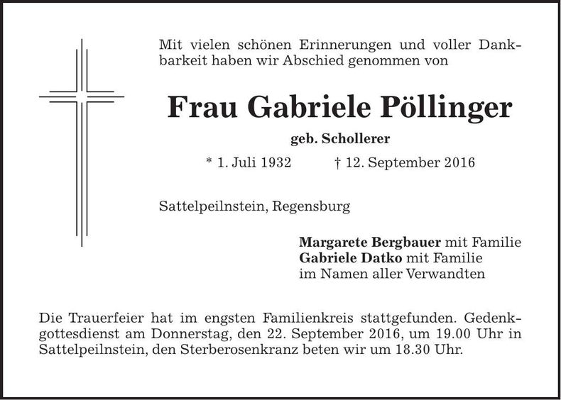 Traueranzeige Gabriele Pöllinger