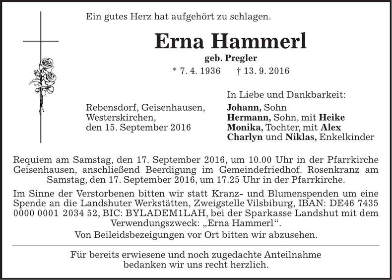 Traueranzeige Erna Hammerl