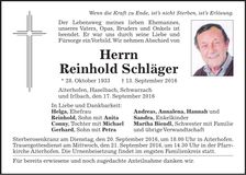 Traueranzeige Reinhold Schläger