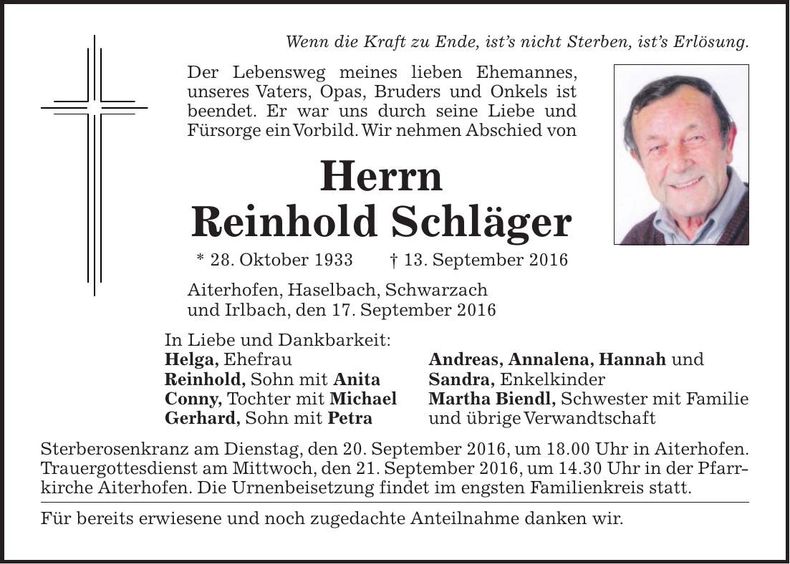 Traueranzeige Reinhold Schläger