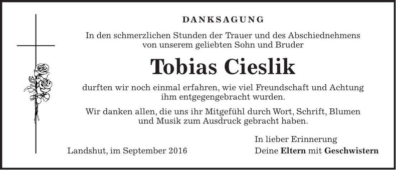 Traueranzeige Tobias Cieslik