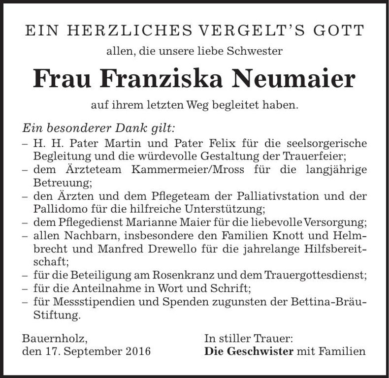 Traueranzeige Franziska Neumaier