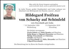 Traueranzeige Hildegard Freifrau von Schacky auf Schönfeld