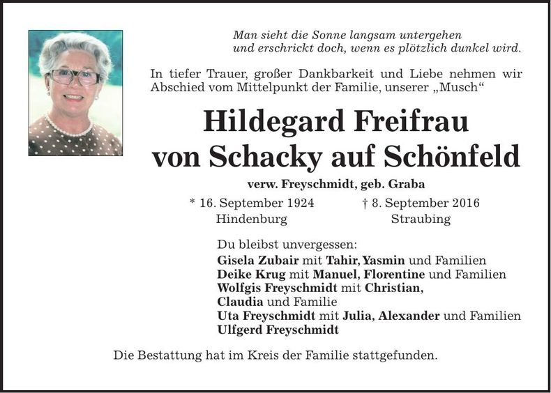 Traueranzeige Hildegard Freifrau von Schacky auf Schönfeld