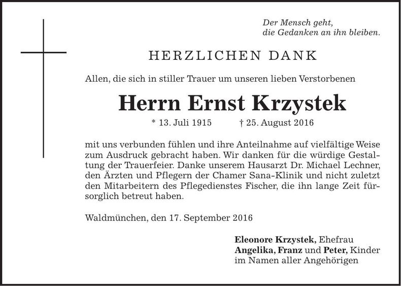 Traueranzeige Ernst Krzystek