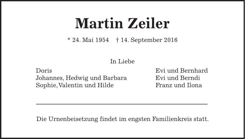 Traueranzeige Martin Zeiler