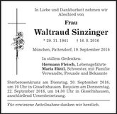 Traueranzeige Waltraud Sinzinger