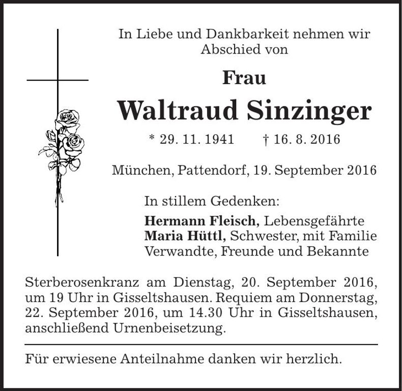 Traueranzeige Waltraud Sinzinger