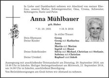 Traueranzeige Anna Mühlbauer
